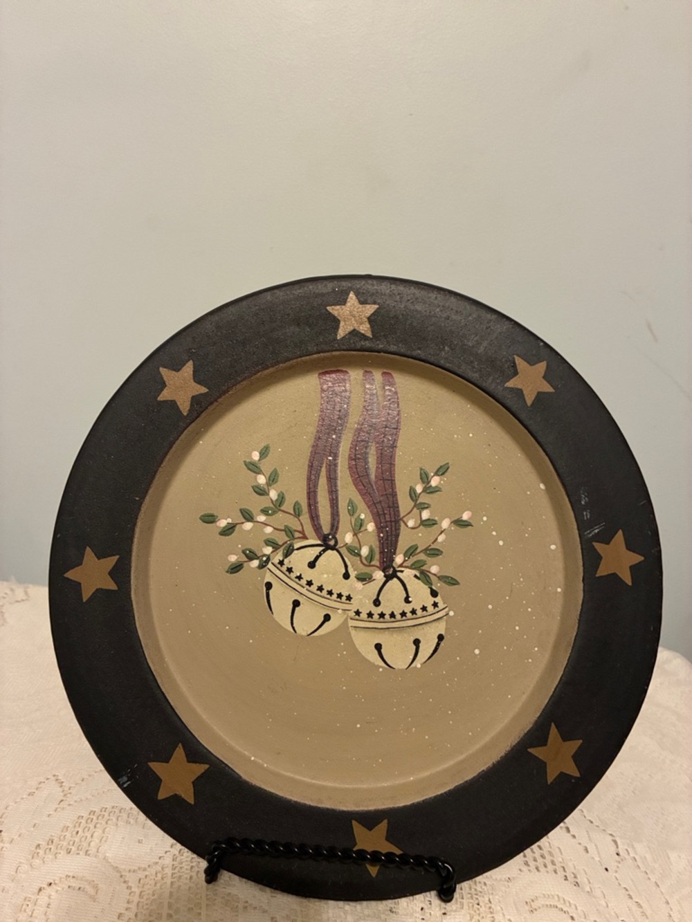 Donna White Hand-Painted Decorative Plate with Bells and Stars - Black & Cream.